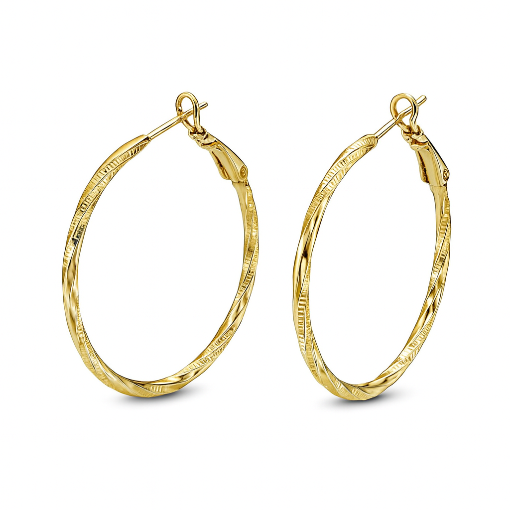 Sedy Jewelry Gold Plated Hoop Earrings 3.5 cm, Textured Lightweight Hoops