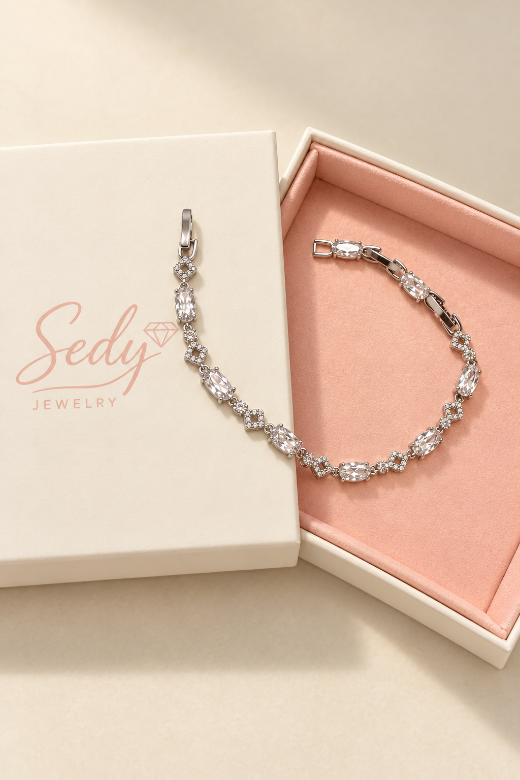 Oval CZ Geometric Link Bracelet – White Gold Plated Brass, 4 mm