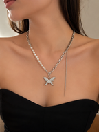 White Gold Plated Butterfly Pearl Necklace – Hypoallergenic Statement Necklace 45+5 cm