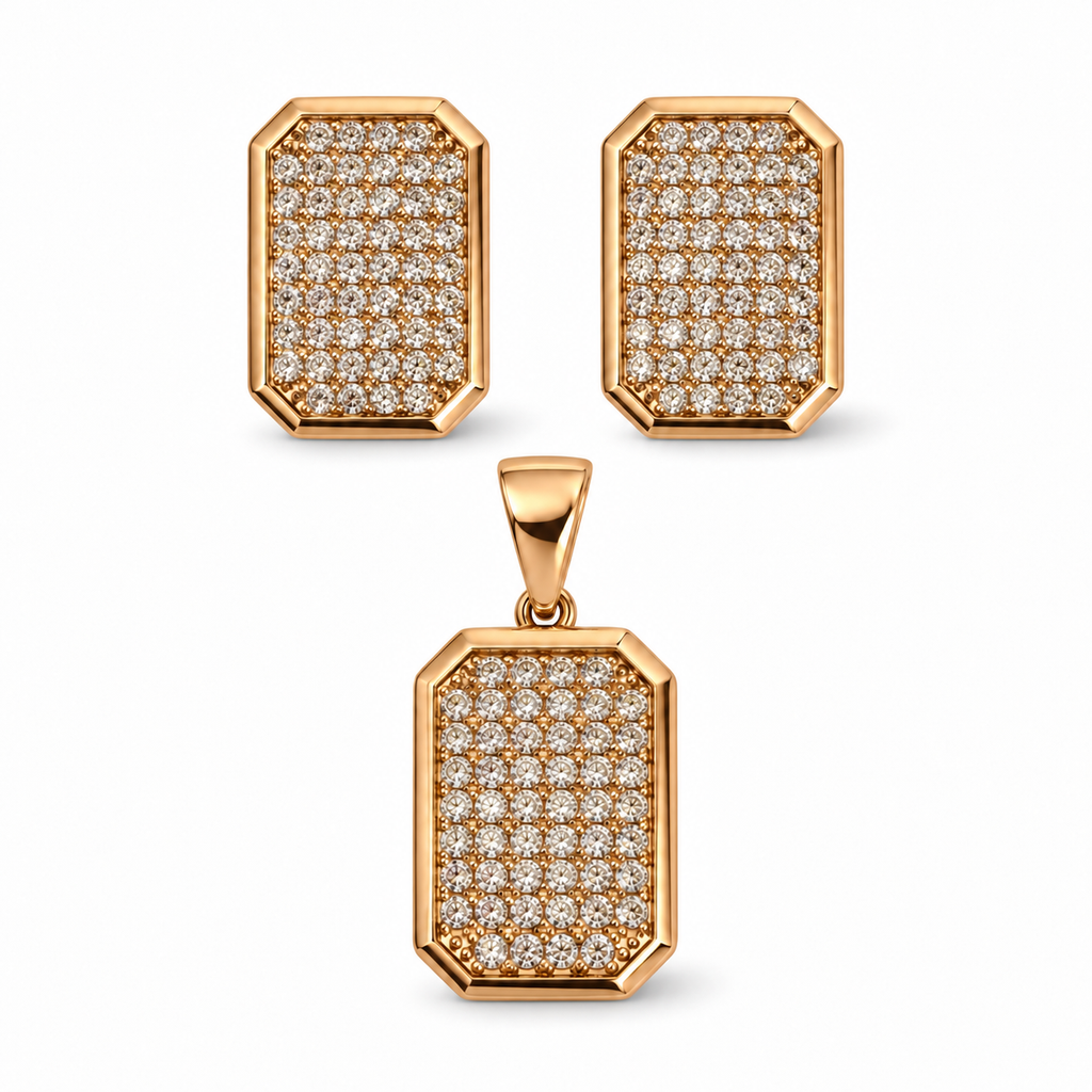 Rose Gold Plated Rectangular CZ Jewelry Set – Leverback Earrings & Pendant