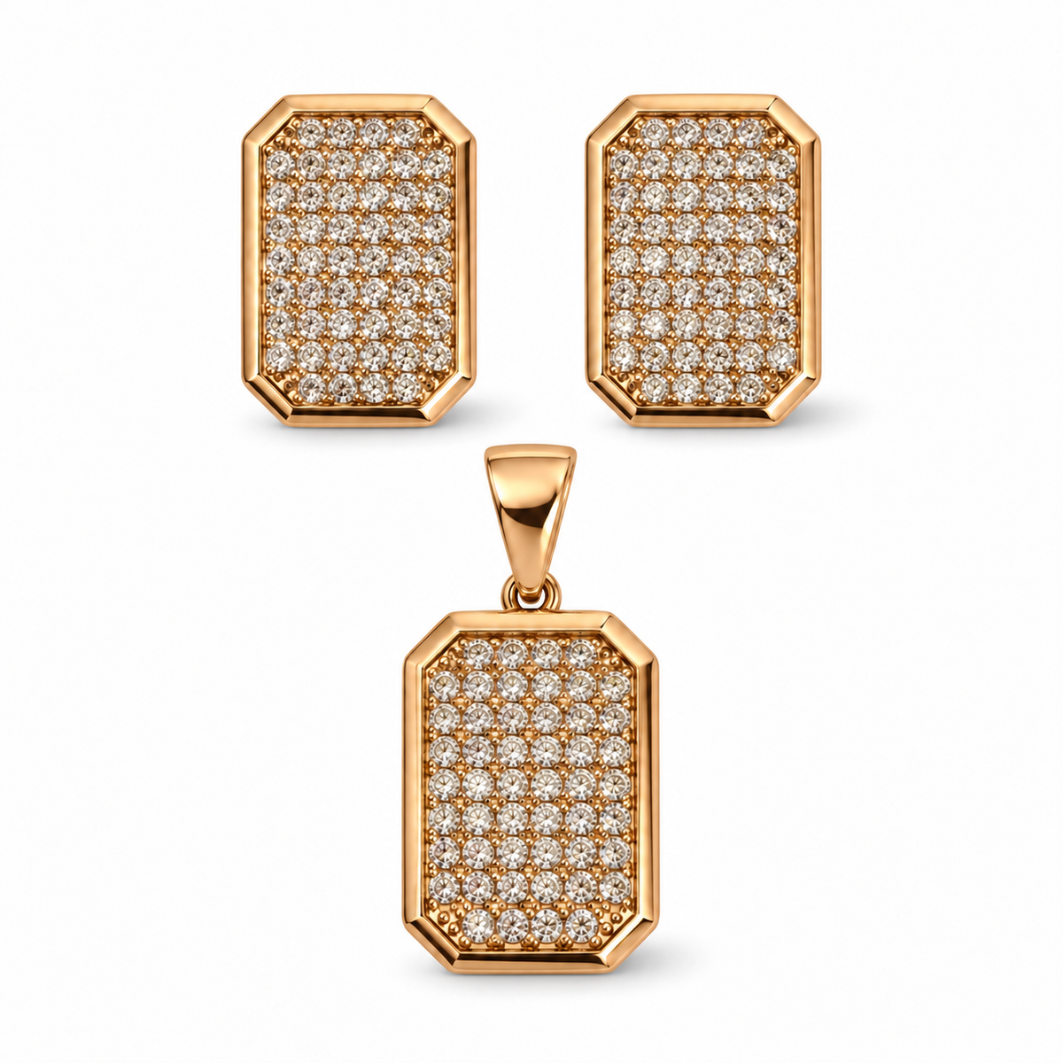 Rose Gold Plated Rectangular CZ Jewelry Set – Leverback Earrings & Pendant