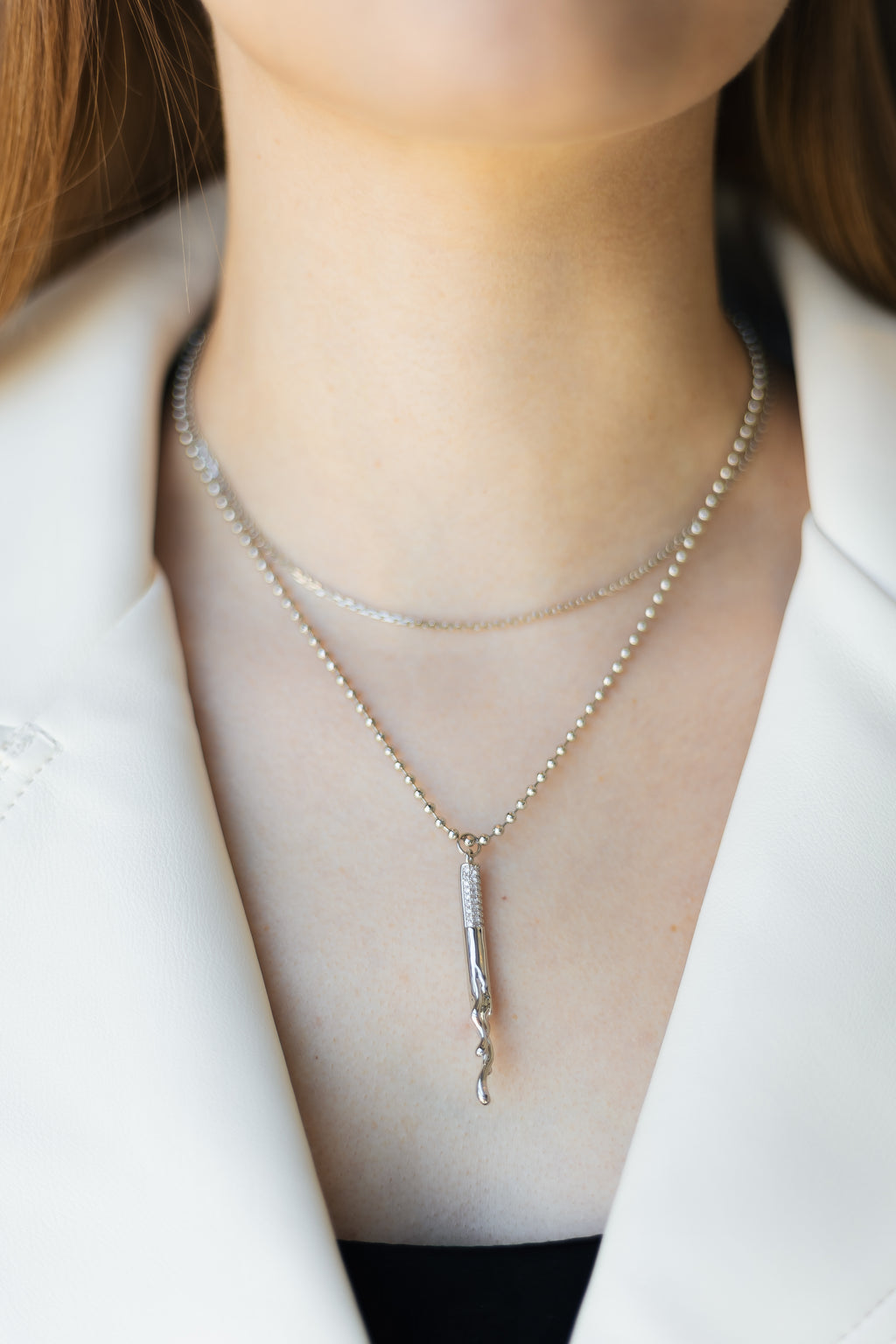 White Gold Plated Layered Necklace with Crystal Pendant – Double Layer Hypoallergenic Necklace 36 cm + 45+5 cm