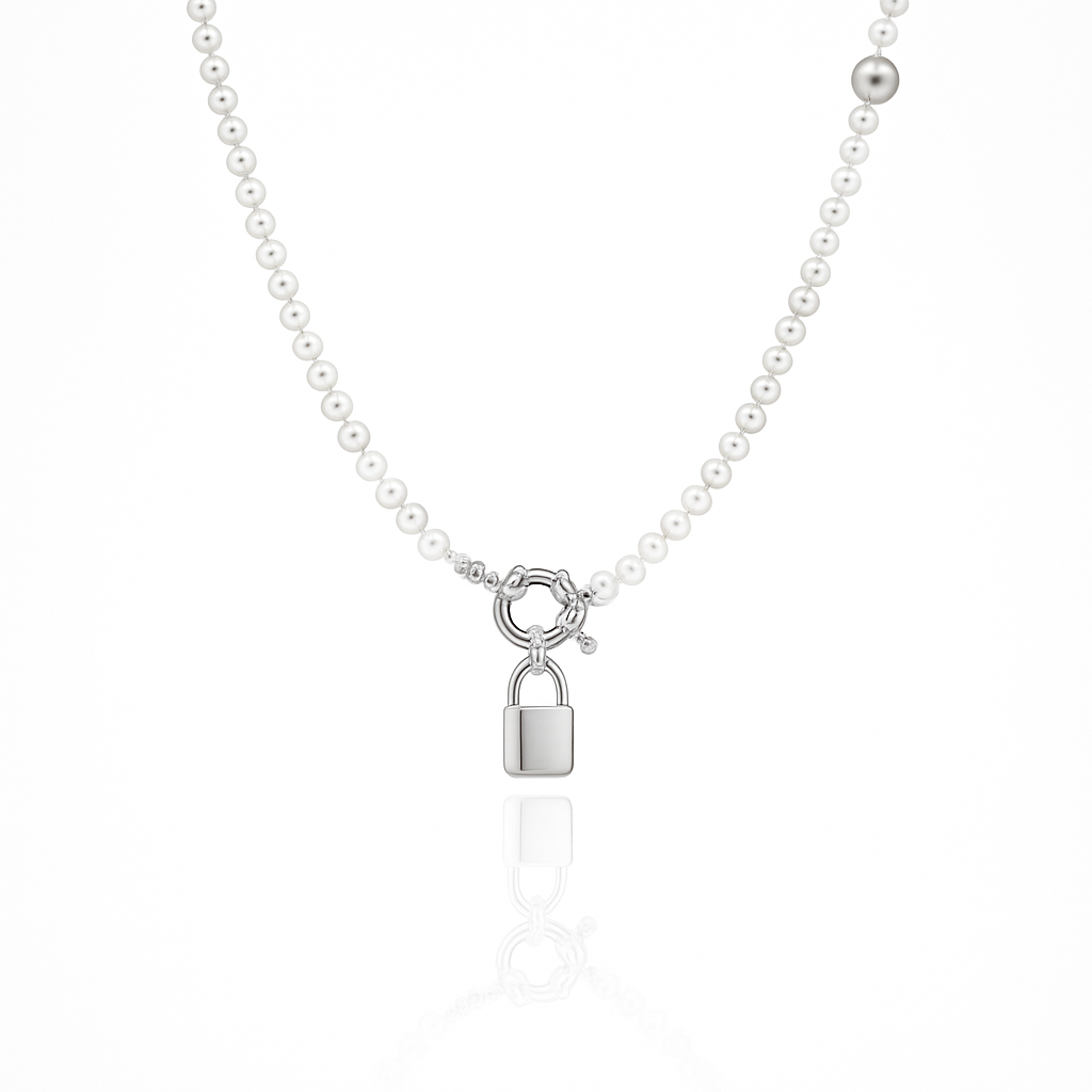 Sedy Jewelry Pearl Beaded Necklace with Gold or Rhodium Lock Pendant