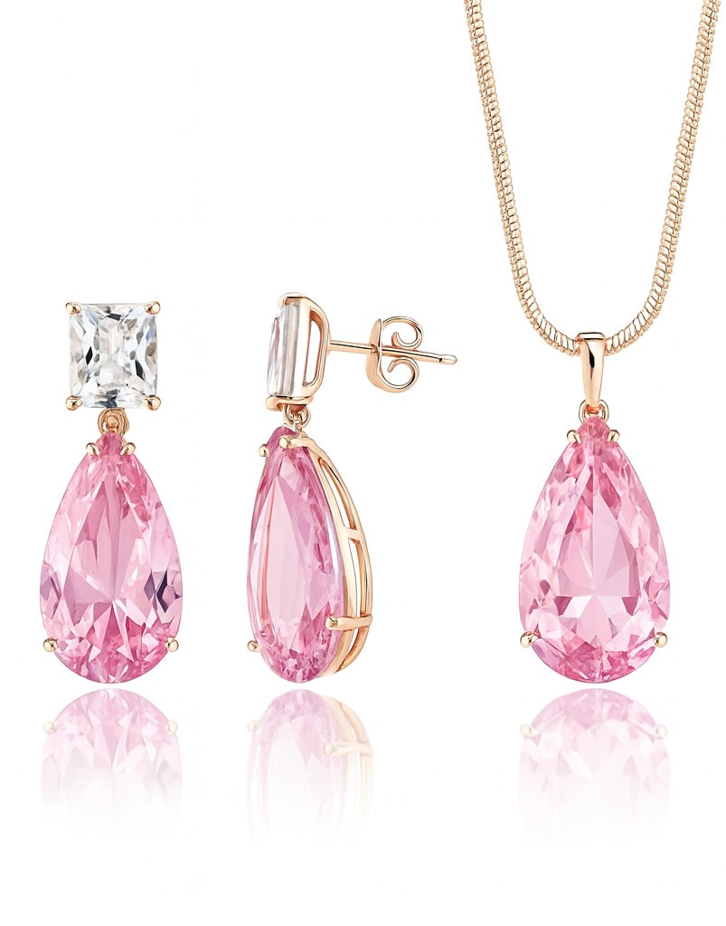 Sedy Jewelry Gold Plated Pink CZ Drop Earrings and Pendant Set