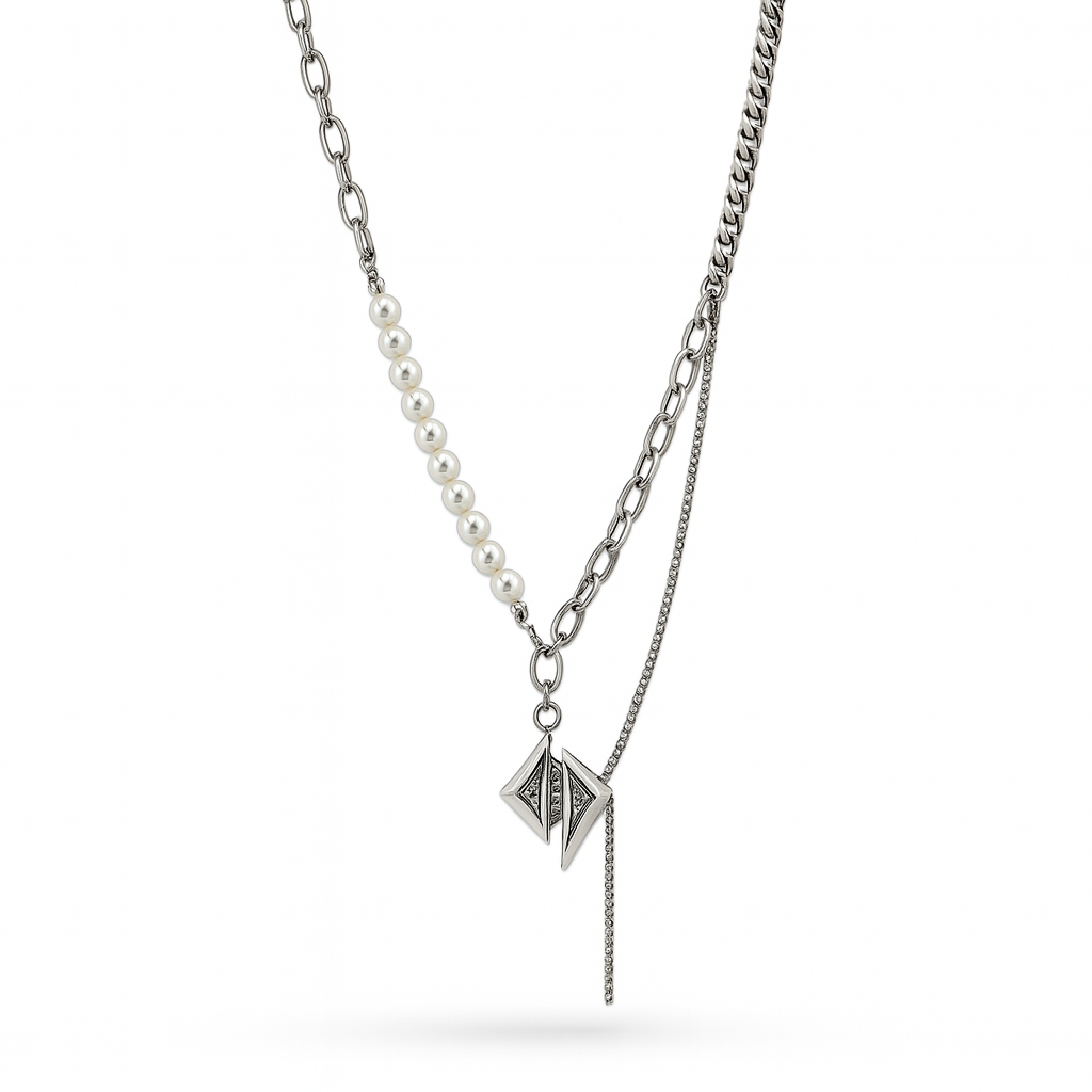 White Gold Plated Pearl Chain Necklace – Hypoallergenic Statement Necklace 45+5 cm / 17.7”+2”