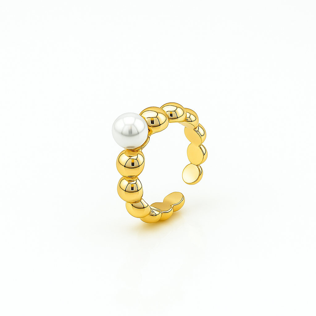 Gold Plated Beaded Ring with Imitation Pearl – Adjustable Size 6/7