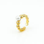 Gold Plated Beaded Ring with Imitation Pearl – Adjustable Size 6/7