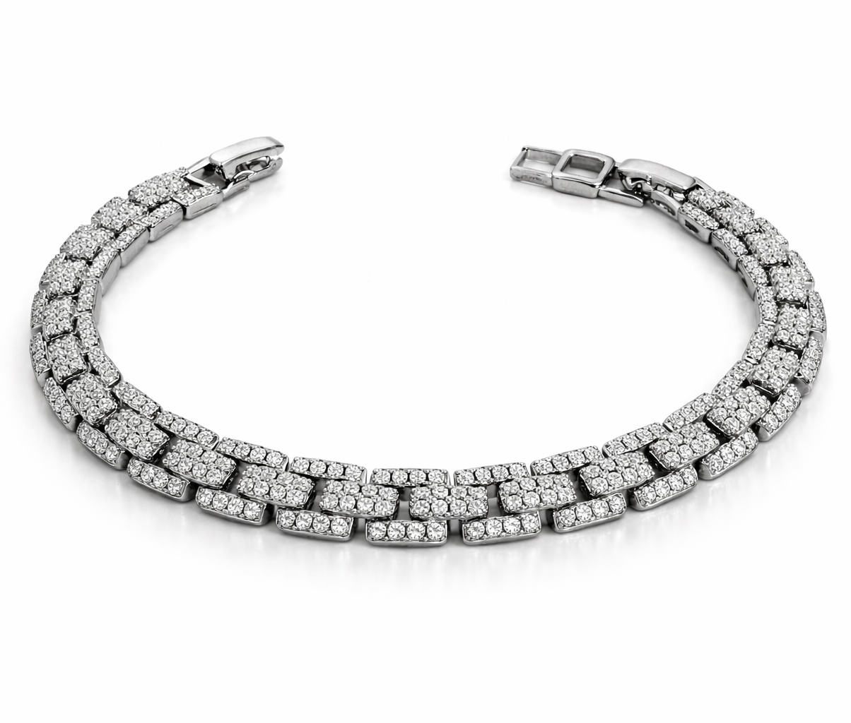 Rhodium plated silver multi row link bracelet with clear cubic zirconia stones and box clasp, 17.5 cm length.
