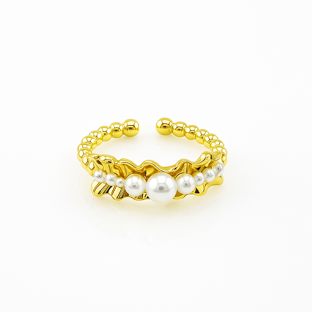 Gold Plated Adjustable Ring with Synthetic Pearls – Sizes 9