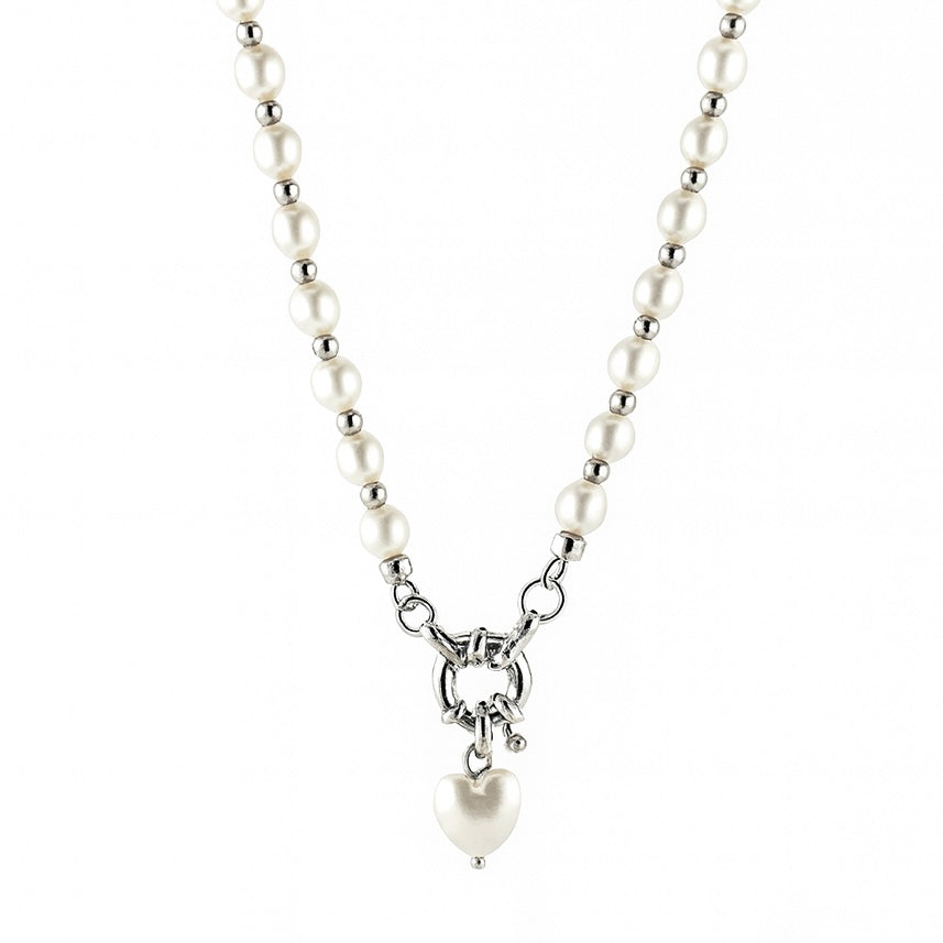 Pearl Necklace with Heart Pendant – Gold or Silver Plated