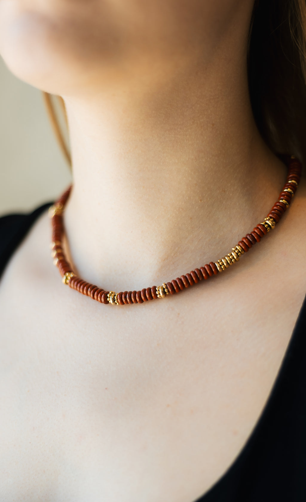 Natural Stone Beaded Necklace with Gold Plated Stainless Steel Accents