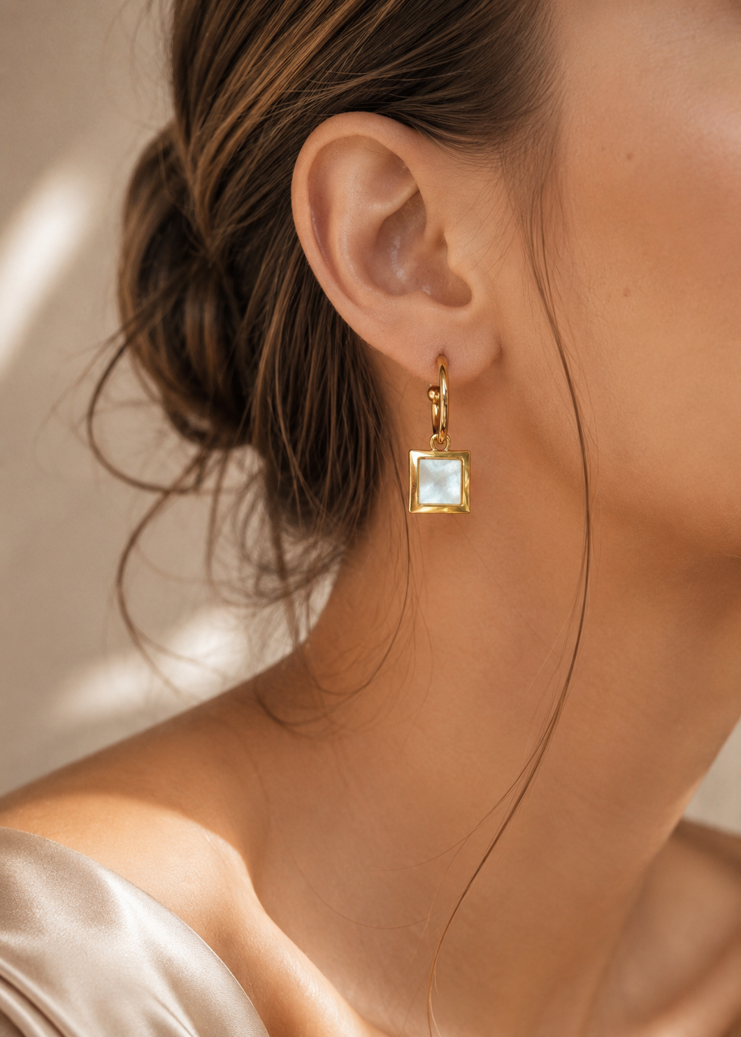 Gold Plated Square Mother of Pearl Hoop Earrings