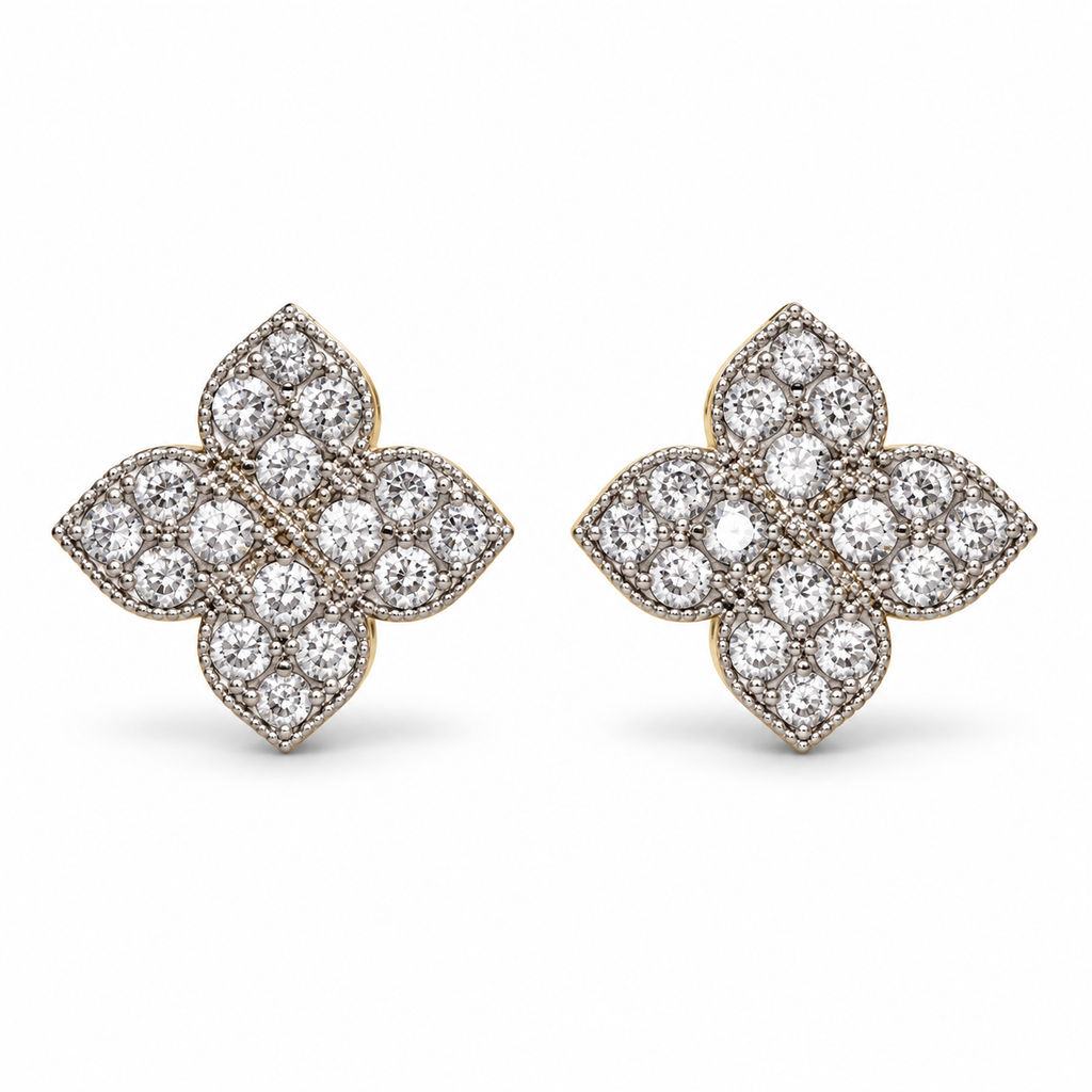 Sparkling Floral Stud Earrings – Gold or White Gold Plated Brass, 14 mm
