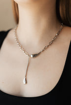 White Gold Plated Drop Pendant Necklace – Modern Chain Necklace 40+5 cm