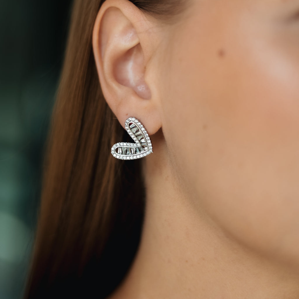 Silver Crystal Heart Stud Earrings 2cm