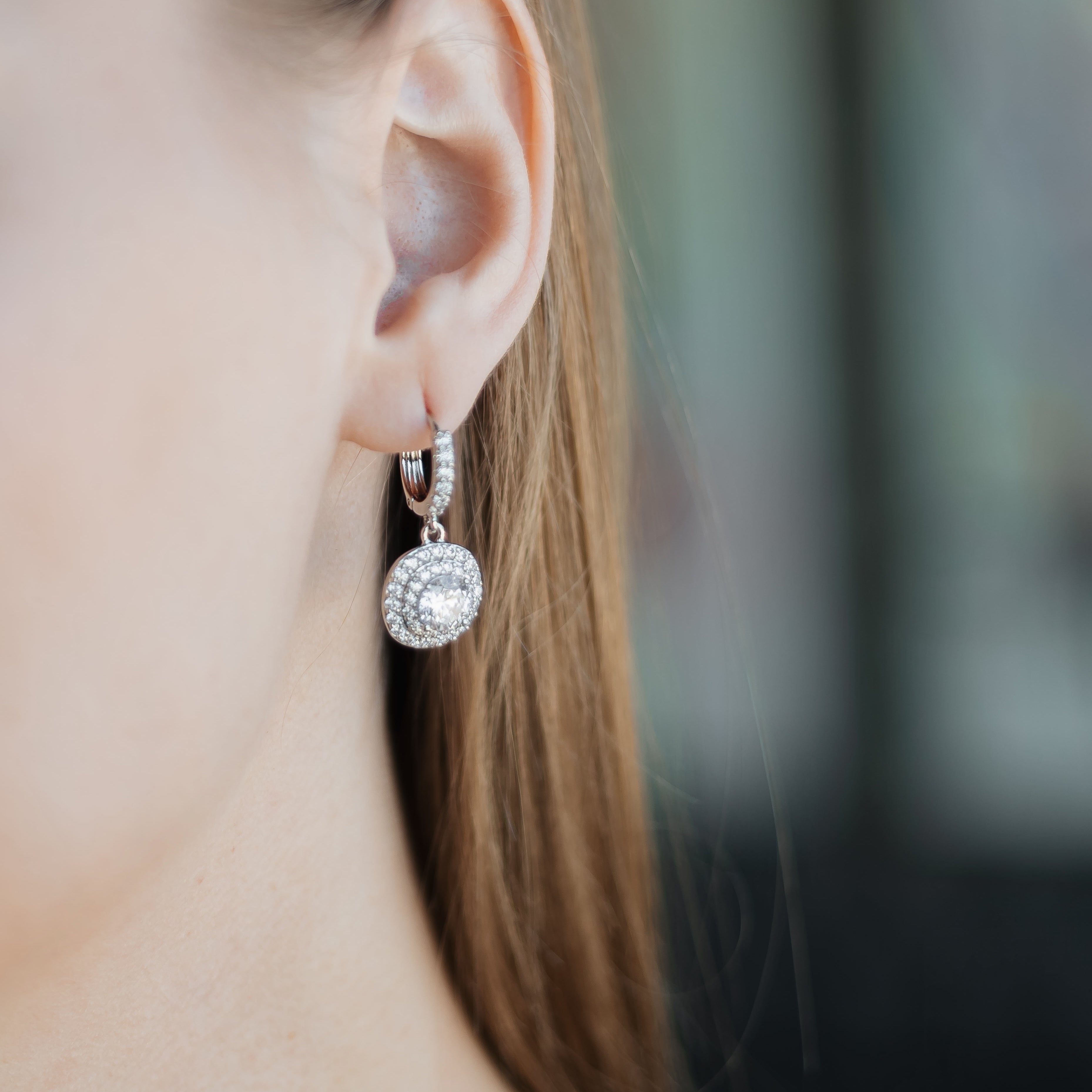 Silver Plated CZ Drop Hoop Earrings with Round Pendant, 2.7 cm