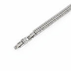 Close view of rhodium plated rectangular link tennis bracelet with double row cubic zirconia stone settings.
