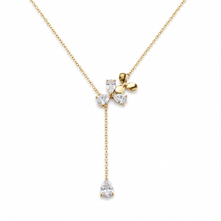 Gold Plated Floral Drop Pendant Necklace with CZ Stones – Hypoallergenic, Non-Tarnish
