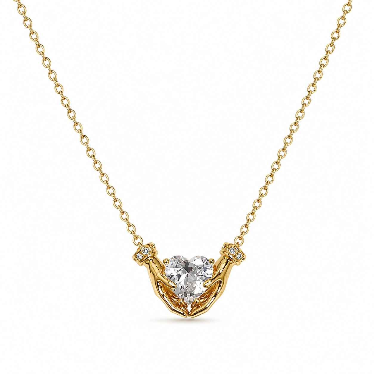 Gold Plated Hands Holding Heart CZ Pendant Necklace – Hypoallergenic, Non-Tarnish