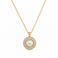 Gold Plated Round Faux Pearl Pendant Necklace with CZ Halo – Hypoallergenic, Non-Tarnish