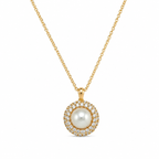 Gold Plated Round Faux Pearl Pendant Necklace with CZ Halo – Hypoallergenic, Non-Tarnish