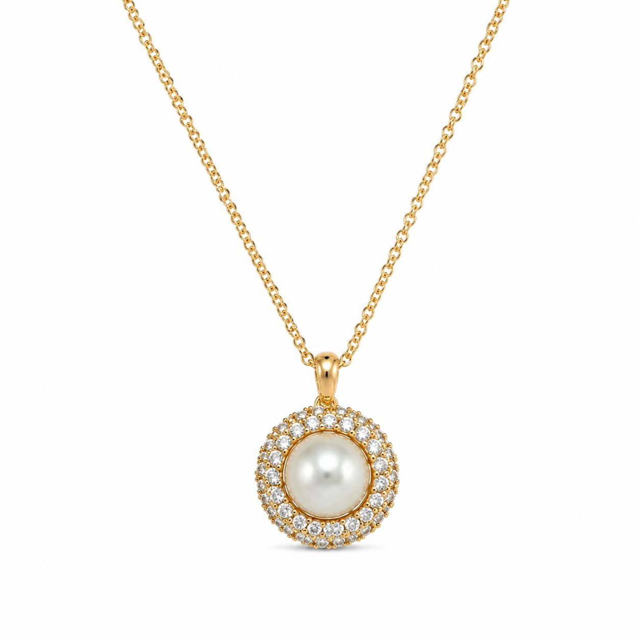Gold Plated Round Faux Pearl Pendant Necklace with CZ Halo – Hypoallergenic, Non-Tarnish