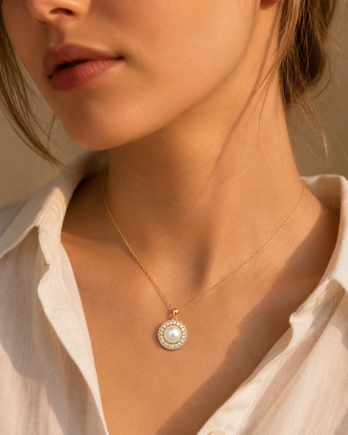Gold Plated Round Faux Pearl Pendant Necklace with CZ Halo – Hypoallergenic, Non-Tarnish