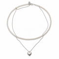Silver Plated Layered Faux Pearl Necklace with Heart Pendant – Hypoallergenic, Non-Tarnish