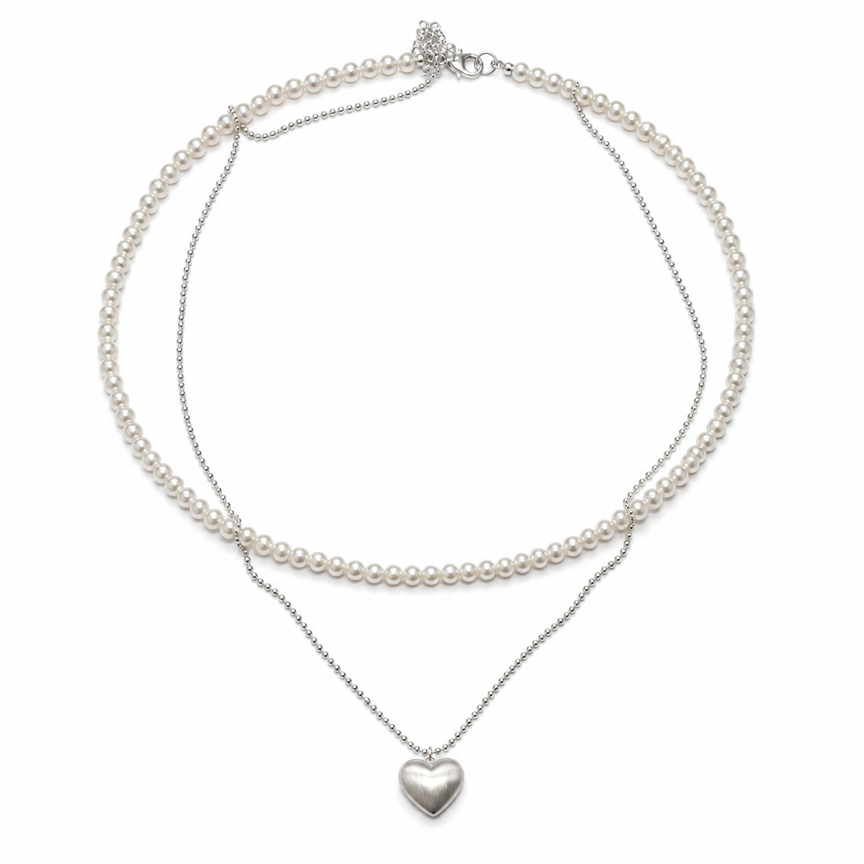 Silver Plated Layered Faux Pearl Necklace with Heart Pendant – Hypoallergenic, Non-Tarnish