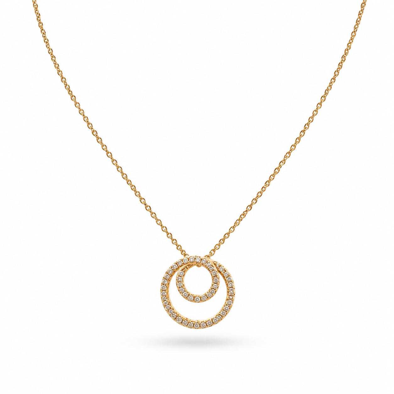 Gold Plated Double Circle CZ Pendant Necklace – Hypoallergenic, Non-Tarnish
