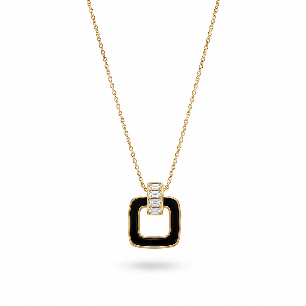 Gold Plated Black Square Pendant Necklace with CZ Stones – Hypoallergenic, Non-Tarnish