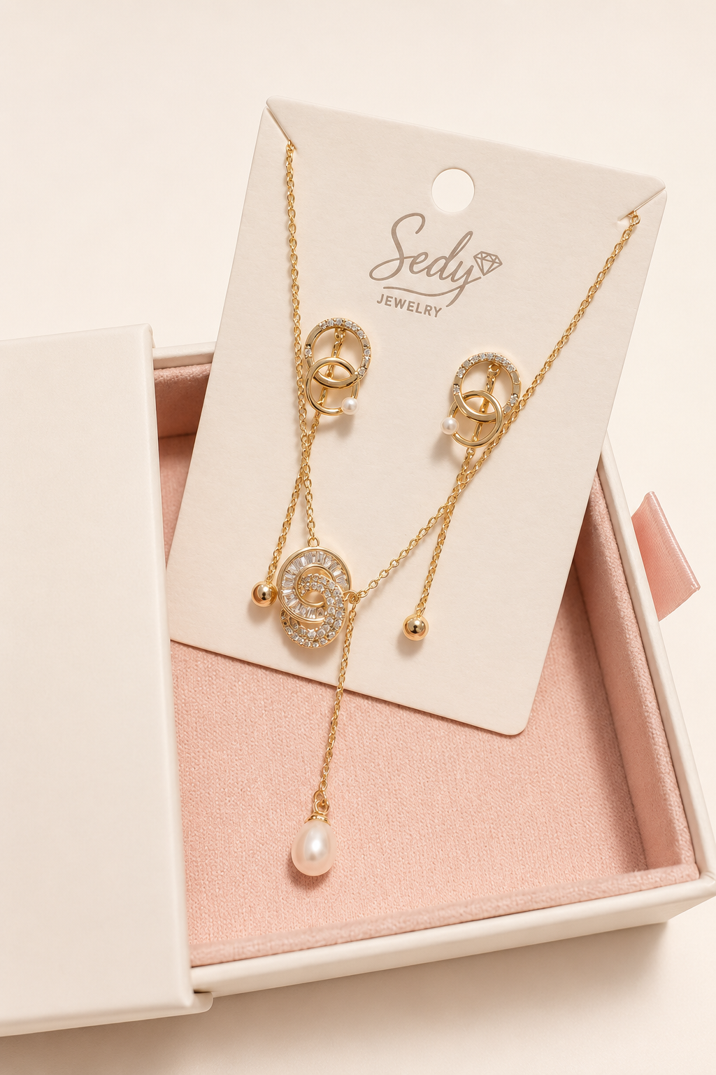 Interlocking Oval CZ & Faux Pearl Drop Necklace – Gold Plated or Sterling Silver, Hypoallergenic