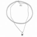 Sterling Silver Layered Faux Pearl Necklace with Oval Pendant – Hypoallergenic, Non-Tarnish