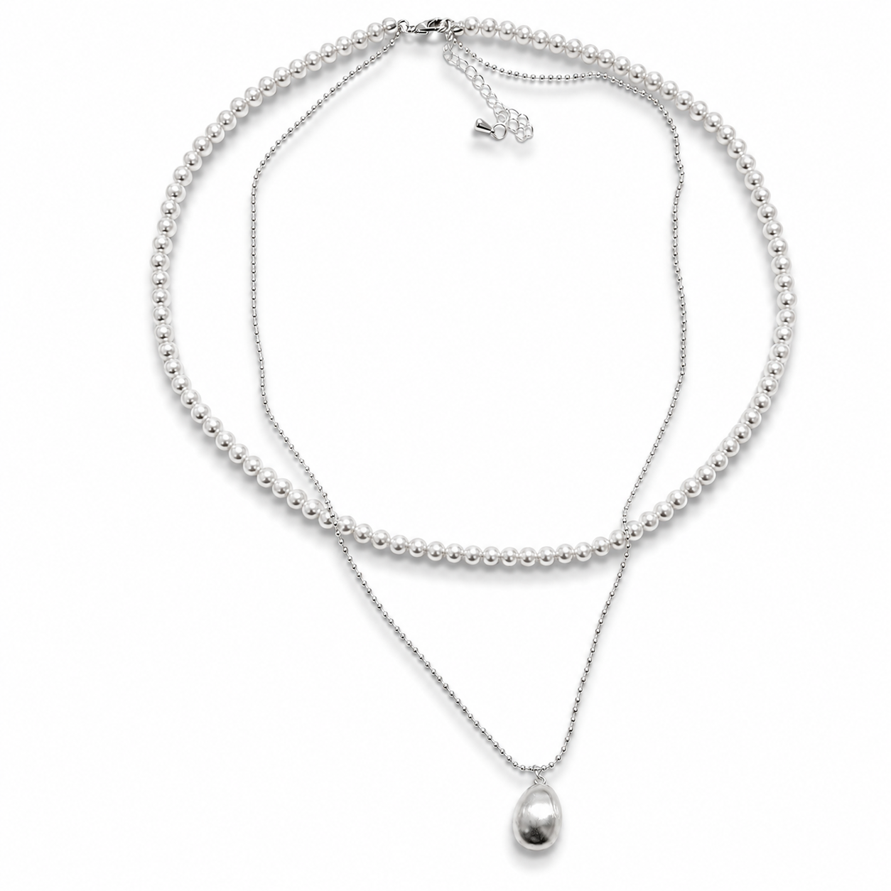 Sterling Silver Layered Faux Pearl Necklace with Oval Pendant – Hypoallergenic, Non-Tarnish
