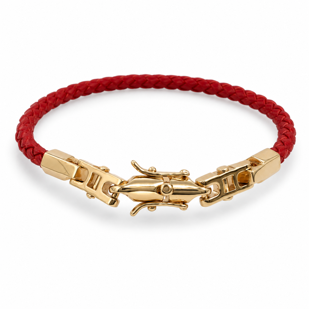 Braided Leather Bracelet with Gold-Plated Statement Clasp – Black or Red, 19 cm