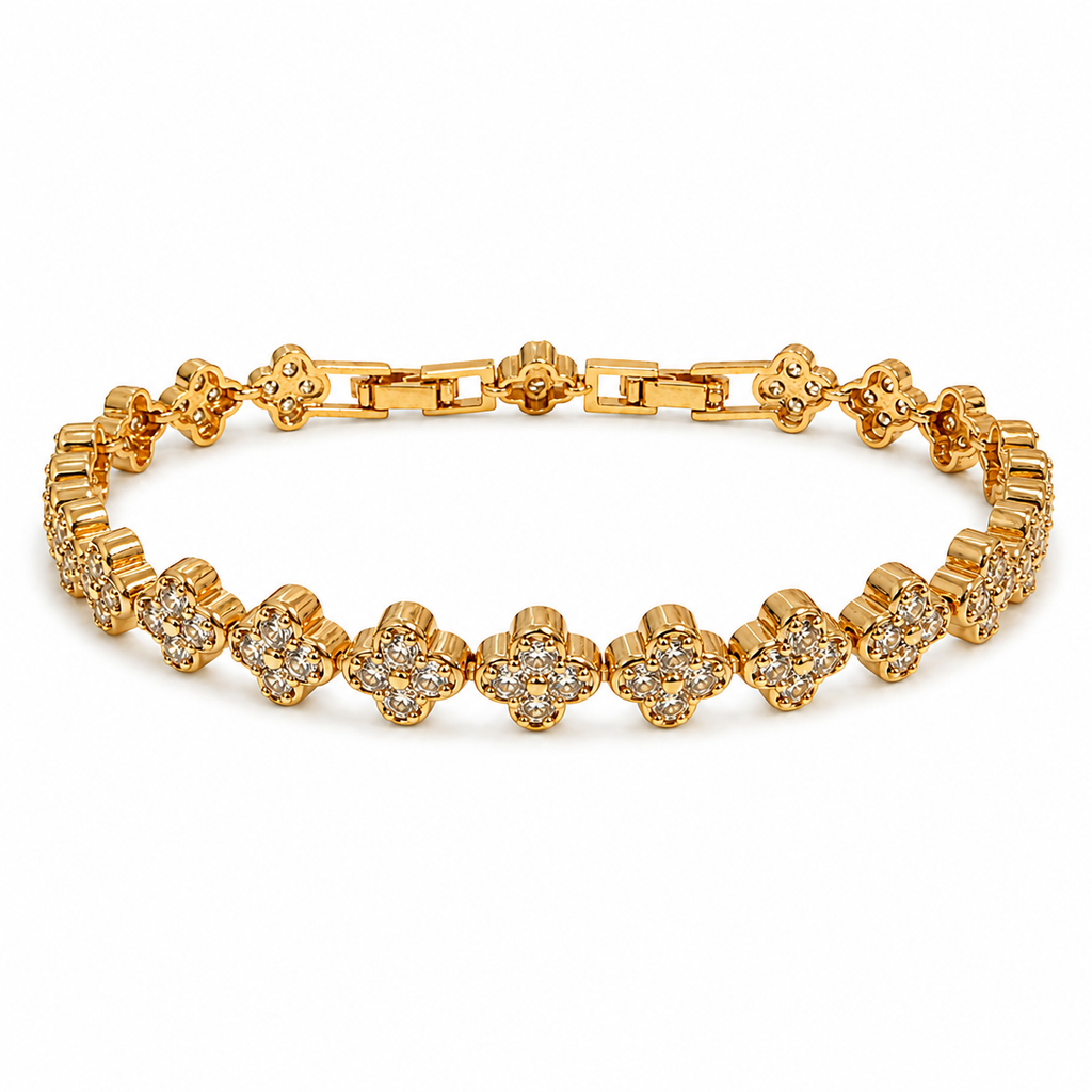 Gold-Plated Four-Leaf Clover CZ Bracelet – Adjustable 17 + 2.5 cm