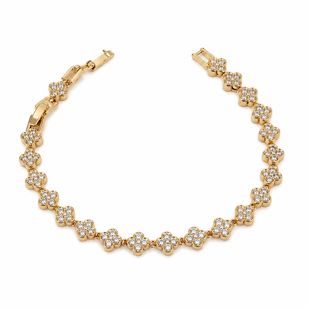 Gold-Plated Four-Leaf Clover CZ Bracelet – Adjustable 17 + 2.5 cm
