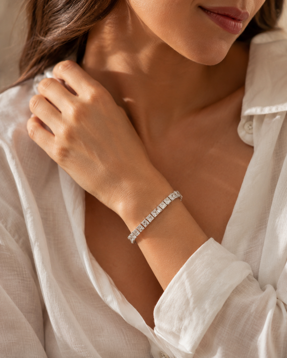 Rhodium Plated Princess Cut CZ Tennis Bracelet – Adjustable 18 + 2 cm, 7 mm Wide