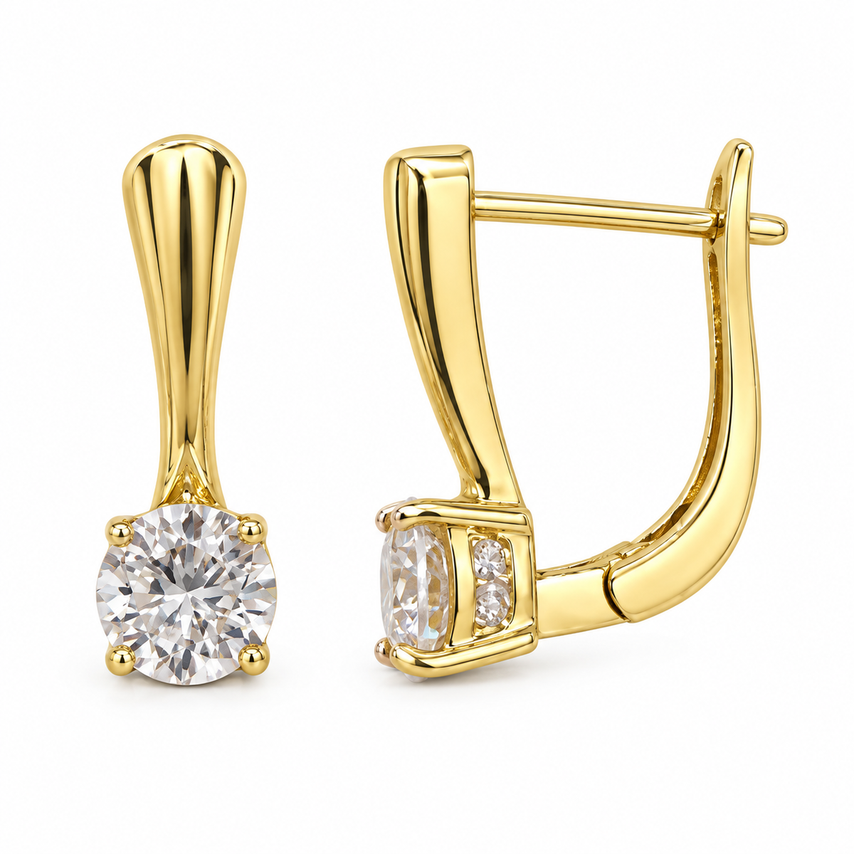 Sedy Jewelry earrings with English lock closures are made from gold ion-plated stainless steel. Each earring is 2 cm (0.79 in) tall and features a round 7 mm (0.28 in) clear cubic zirconia stone. Hypoallergenic and tarnish-resistant. Sold as a pair.