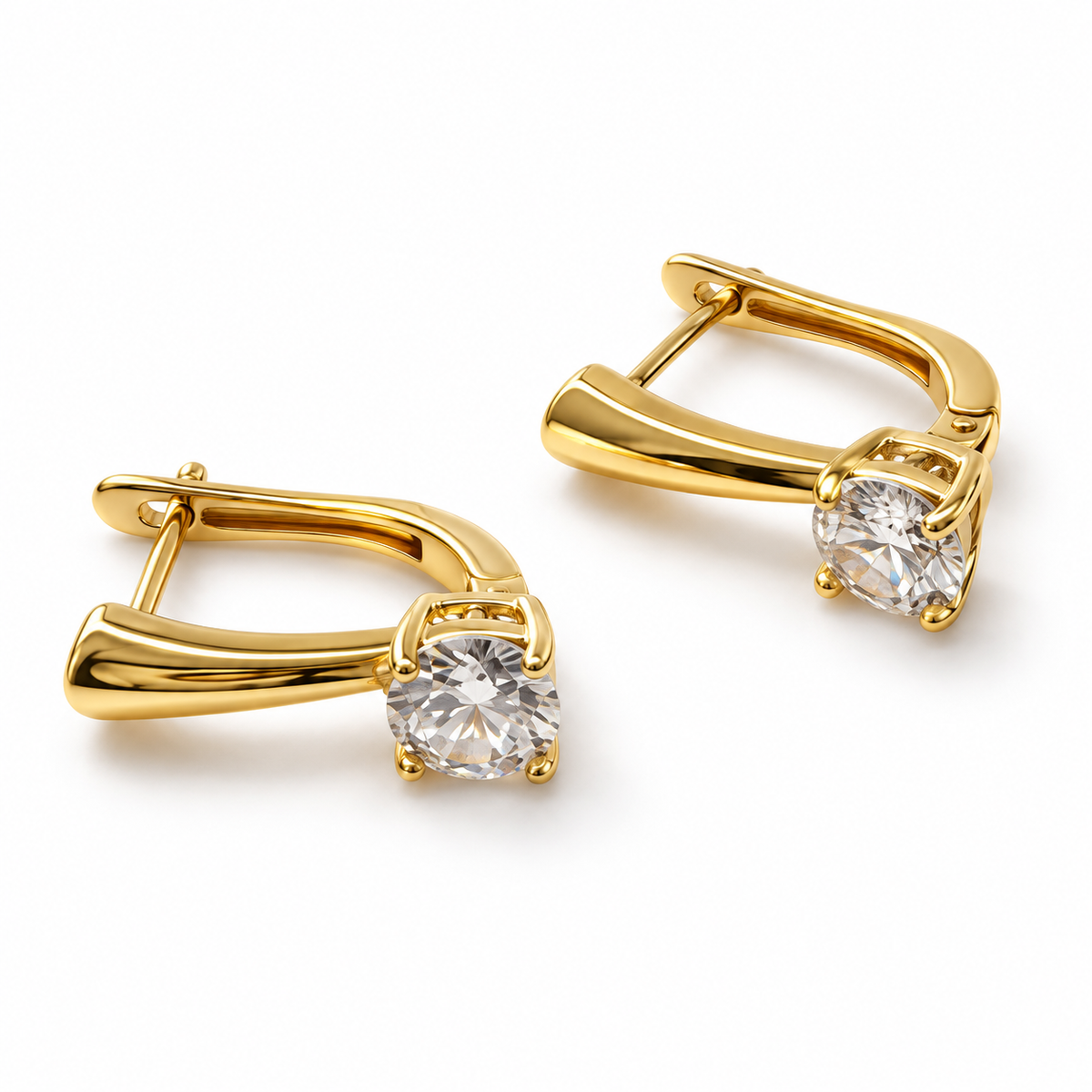 Sedy Jewelry earrings with English lock closures are made from gold ion-plated stainless steel. Each earring is 2 cm (0.79 in) tall and features a round 7 mm (0.28 in) clear cubic zirconia stone. Hypoallergenic and tarnish-resistant. Sold as a pair.