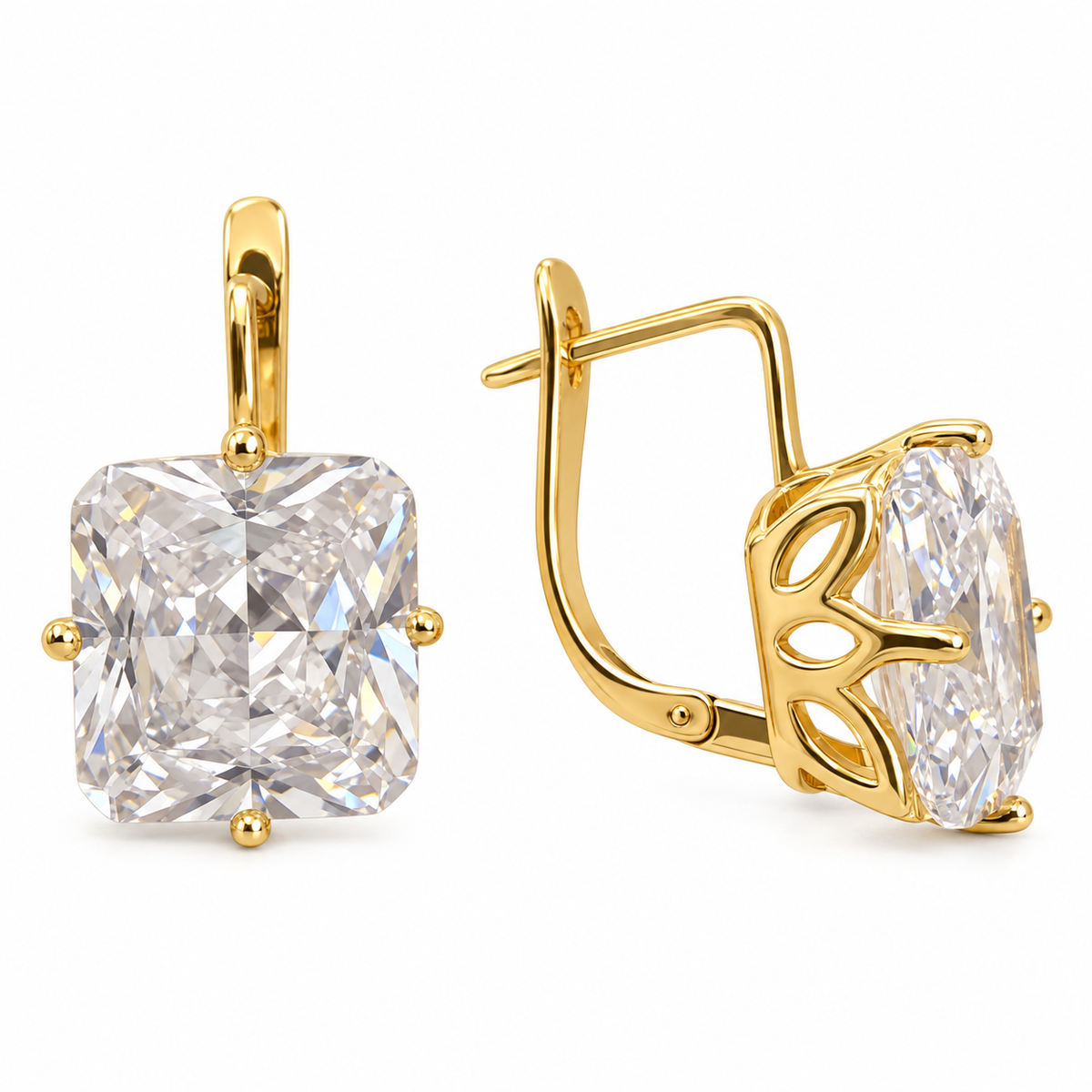 Gold-plated stainless steel earrings with square clear CZ stones, openwork settings and English lock closures, shown from the front and side.