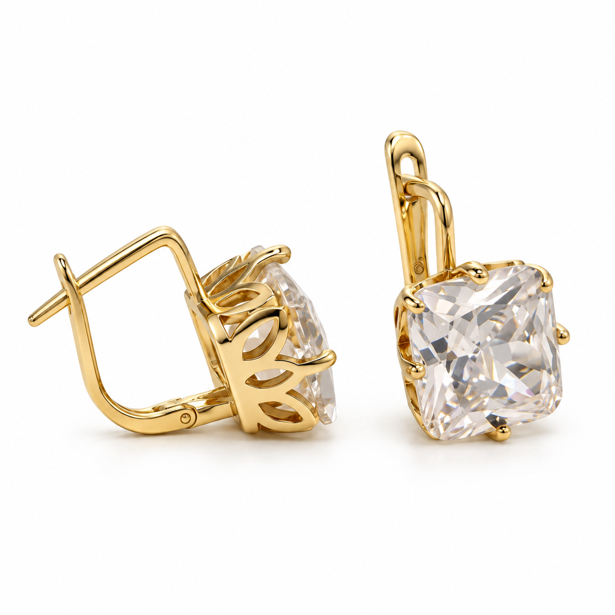 Sedy Jewelry square CZ earrings are made from stainless steel with gold PVD coating applied through ion plating. Each earring features an 11 mm (0.43 in) clear cubic zirconia stone and measures 1.6 cm (0.63 in) in total height. They have English lock closures, are hypoallergenic and tarnish-resistant, and come as a pair.