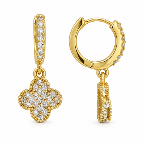 Shop gold\-plated stainless steel clover charm hoop earrings with sparkling clear stones\. 24 mm tall, hypoallergenic and tarnish\-resistant\. Sedy Jewelry\.
