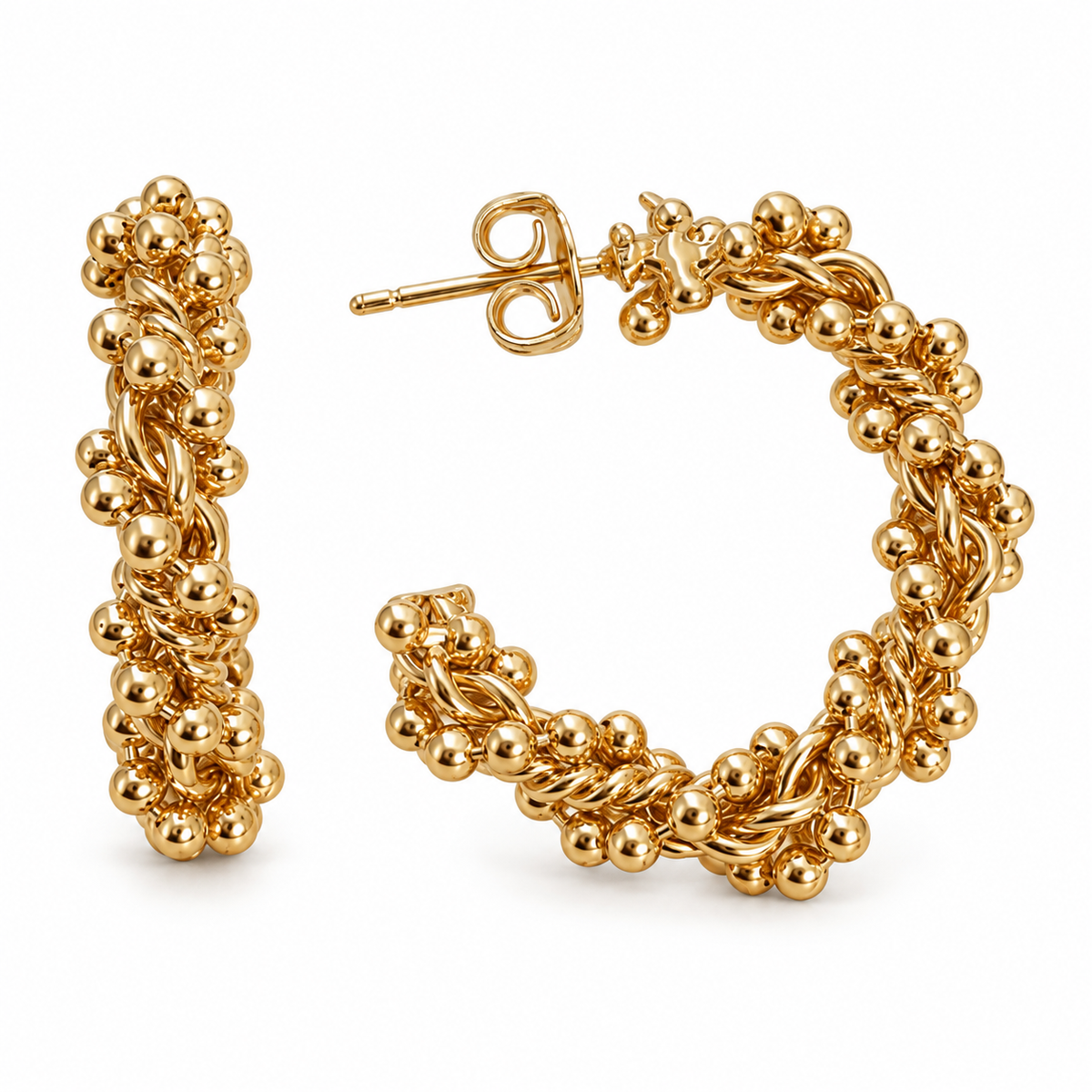 Sedy Jewelry beaded rope hoop earrings feature a copper base with 14K gold plating\. Their open hoop design combines twisted rope detailing with clusters of polished metal beads\. Each earring measures 25 mm (0\.98 in) in diameter and 5 mm (0\.20 in) in thickness and fastens with a post and butterfly back\. Sold as a pair\.
