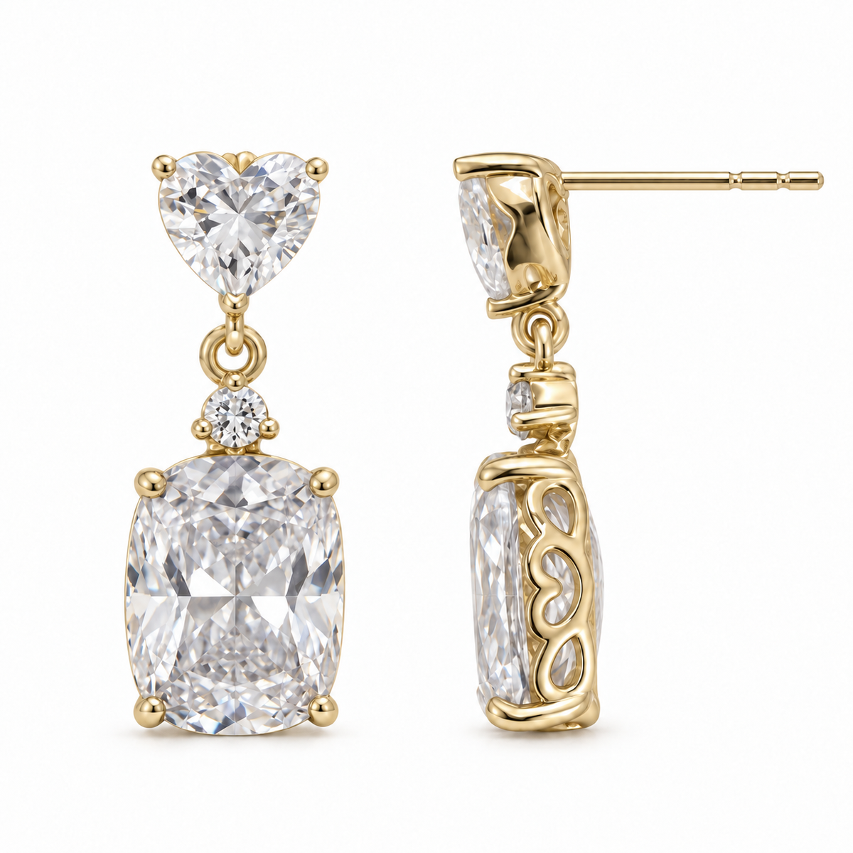 Gold-Plated Heart & Cushion CZ Drop Earrings – 2 cm