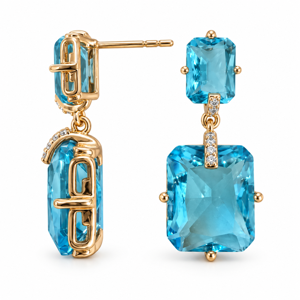 Gold-Plated Rectangular CZ Drop Earrings – Red or Turquoise Blue, 2.5 cm