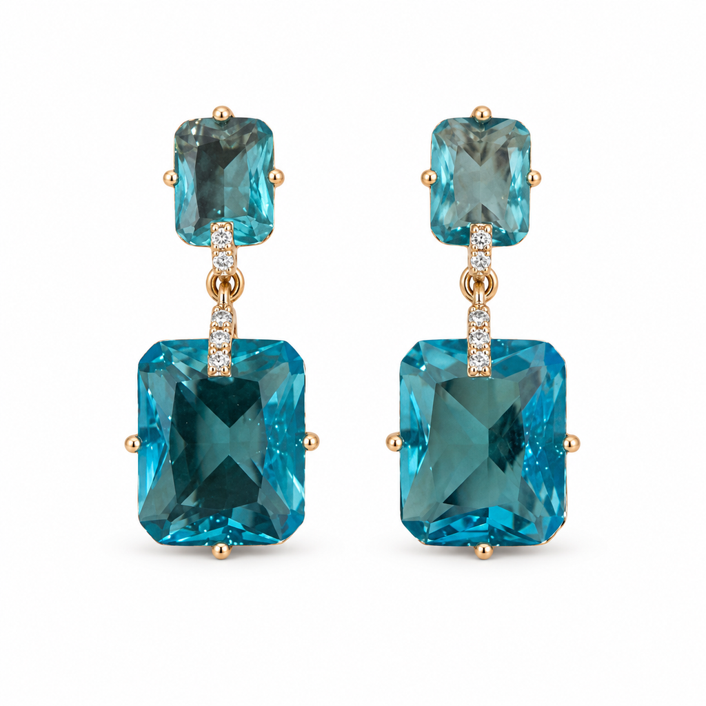 Gold-Plated Rectangular CZ Drop Earrings – Red or Turquoise Blue, 2.5 cm