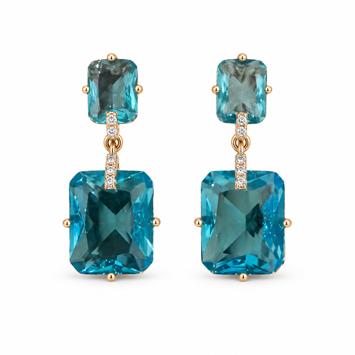 Gold-Plated Rectangular CZ Drop Earrings – Red or Turquoise Blue, 2.5 cm