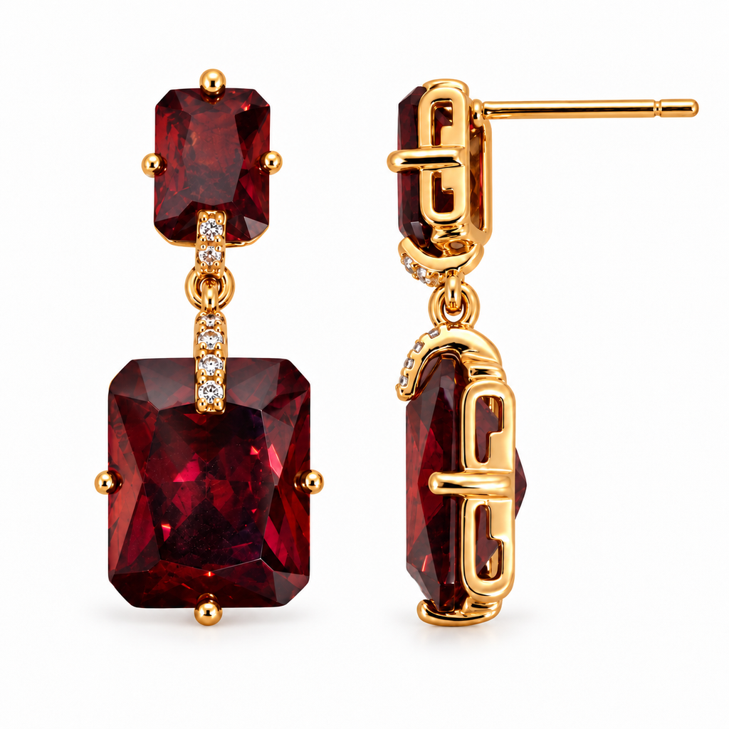 Gold-Plated Rectangular CZ Drop Earrings – Red or Turquoise Blue, 2.5 cm