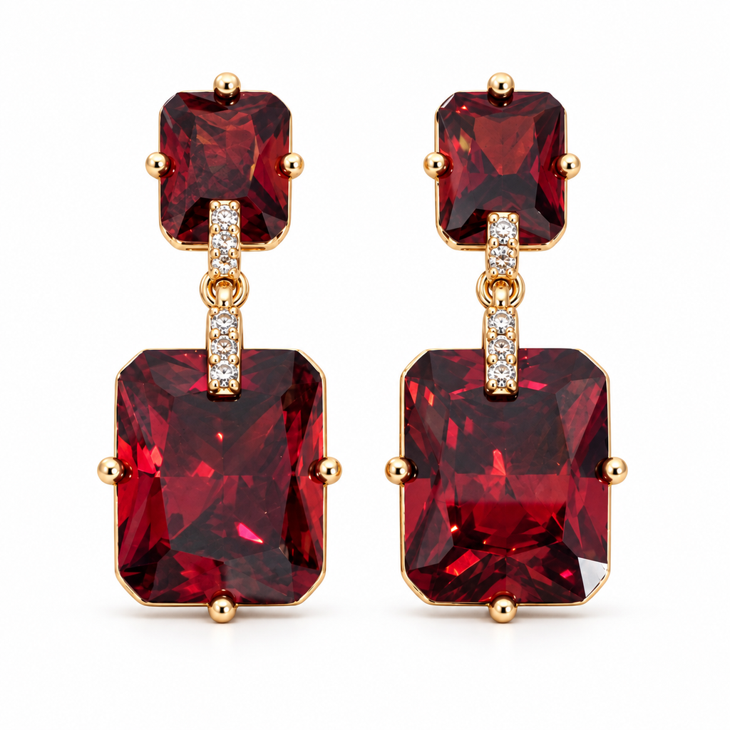 Gold-Plated Rectangular CZ Drop Earrings – Red or Turquoise Blue, 2.5 cm